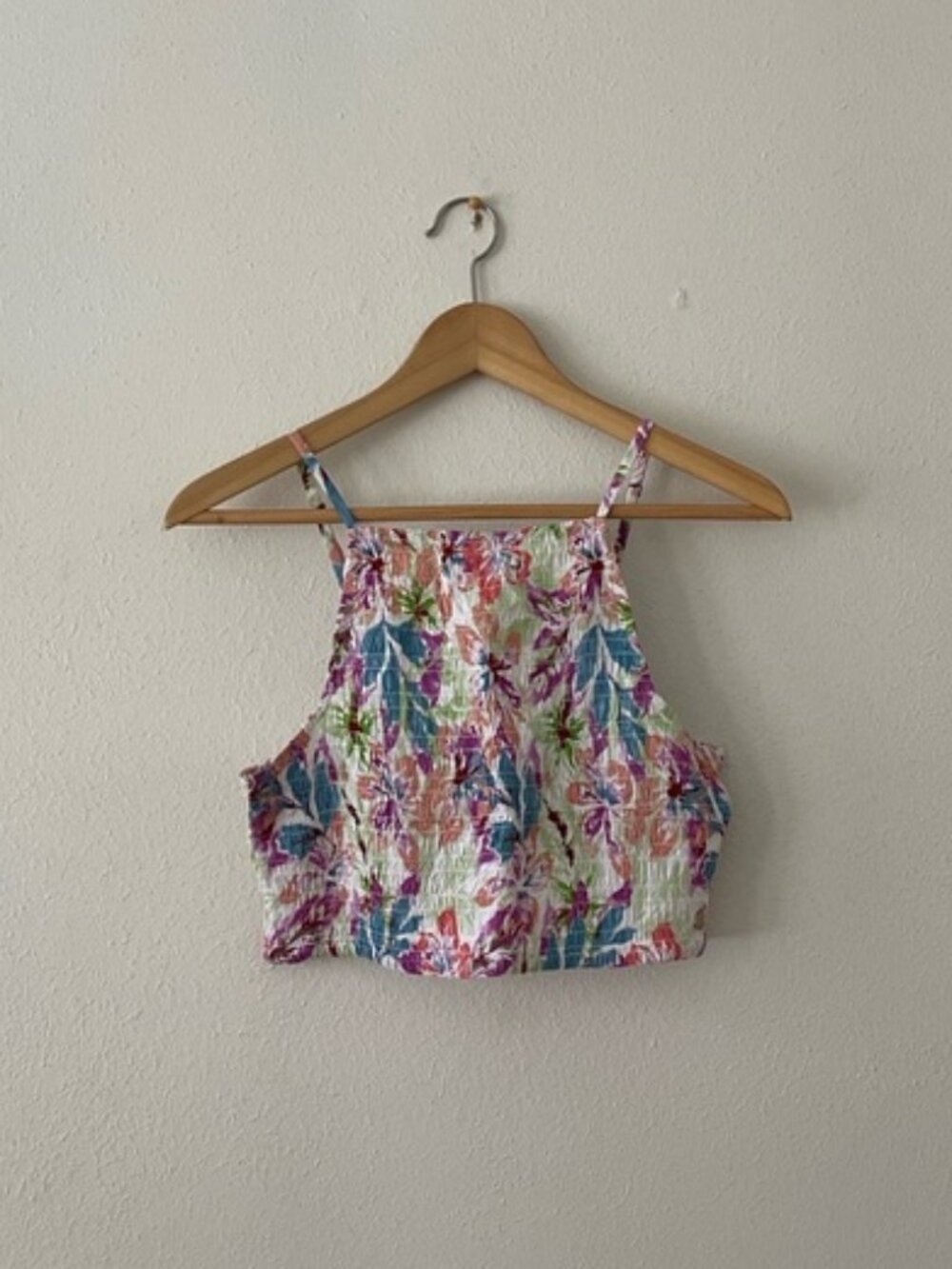 ROXY Smocked Top Live Free Crop Tank Floral Coastal Beach Large